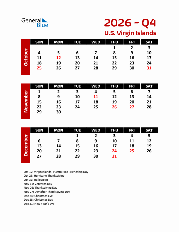 Q4 2026 Calendar with Holidays in U.S. Virgin Islands