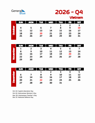 Vietnam Quarter 4  2026 calendar template