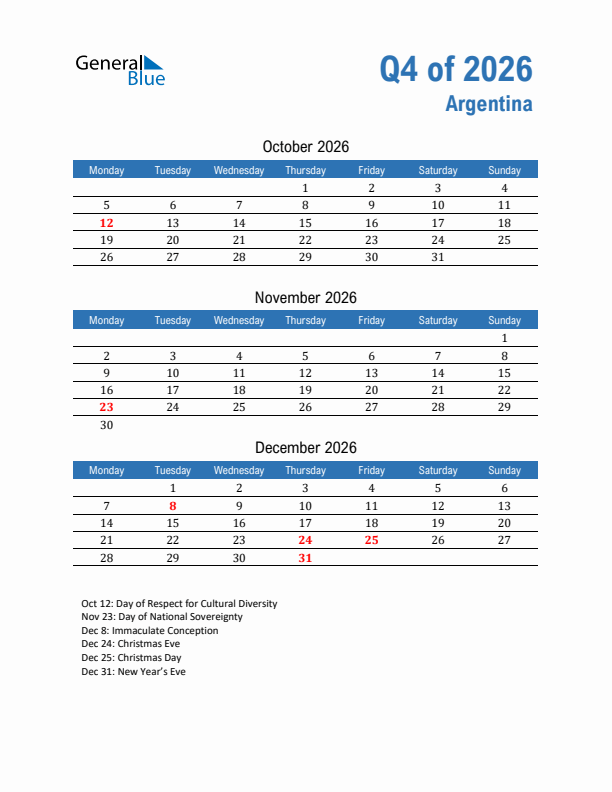 Argentina Q4 2026 Quarterly Calendar with Monday Start