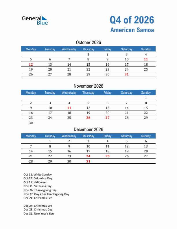American Samoa Q4 2026 Quarterly Calendar with Monday Start