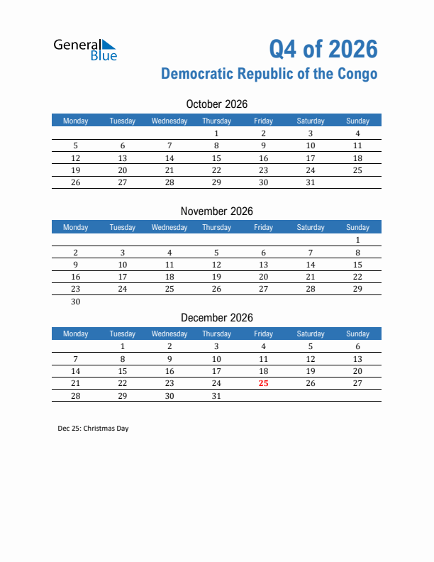 Democratic Republic of the Congo Q4 2026 Quarterly Calendar with Monday Start