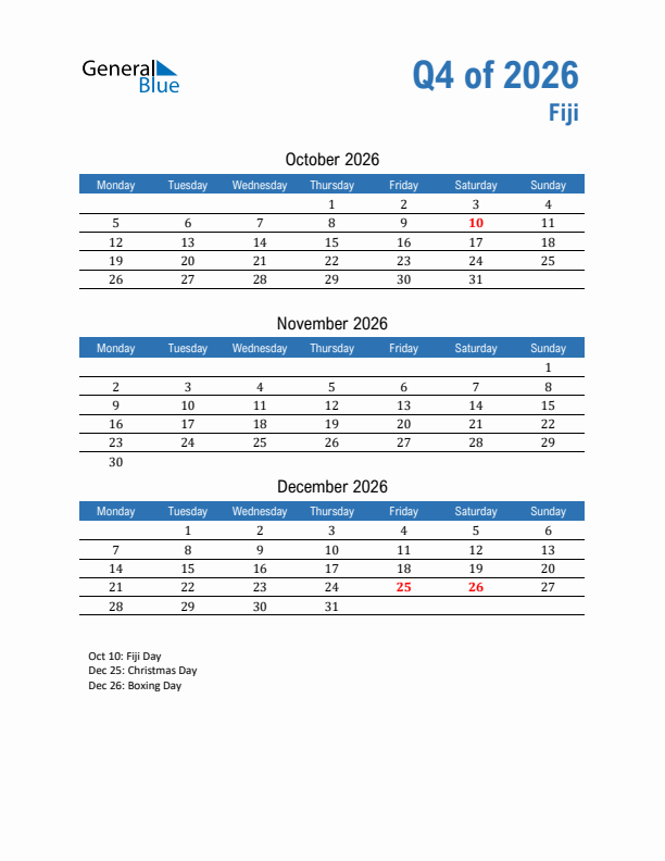 Fiji Q4 2026 Quarterly Calendar with Monday Start