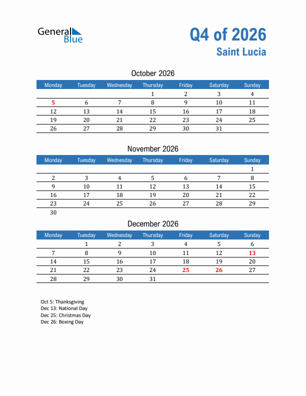 Saint Lucia Q4 2026 Quarterly Calendar with Monday Start
