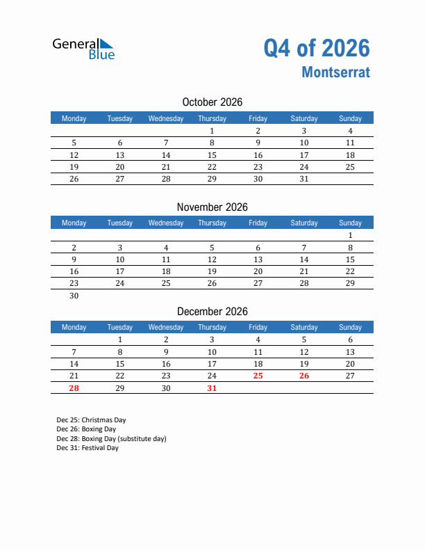 Montserrat Q4 2026 Quarterly Calendar with Monday Start
