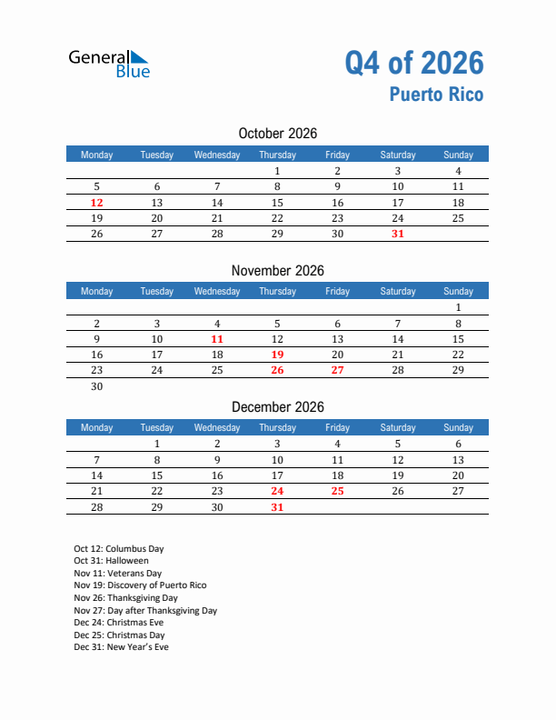 Puerto Rico Q4 2026 Quarterly Calendar with Monday Start