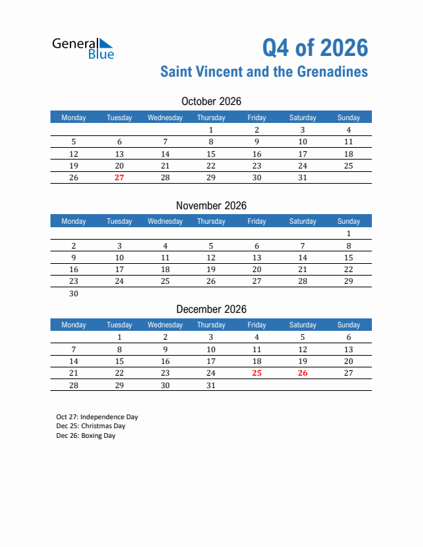 Saint Vincent and the Grenadines Q4 2026 Quarterly Calendar with Monday Start