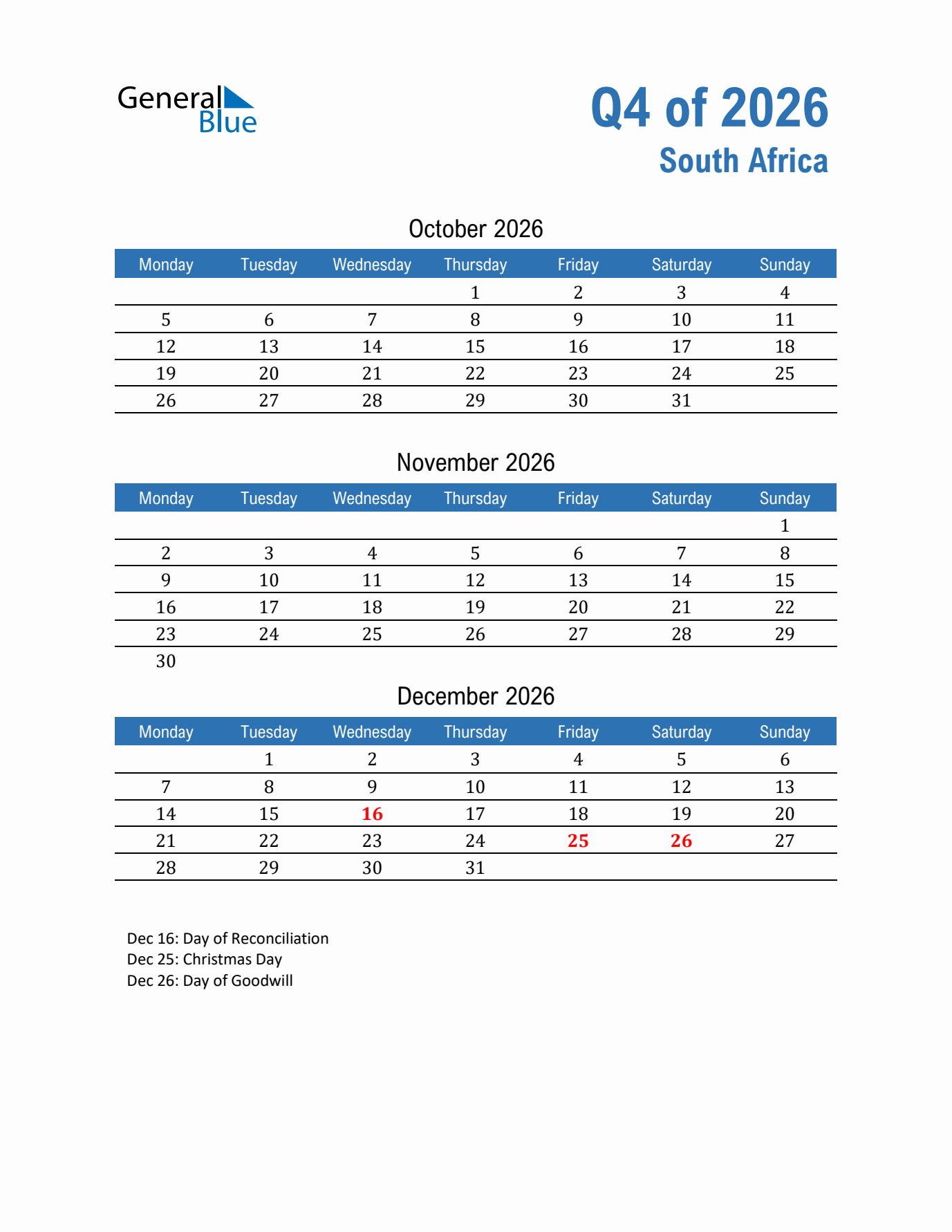 South Africa Q4 2026 Quarterly Calendar with Monday Start