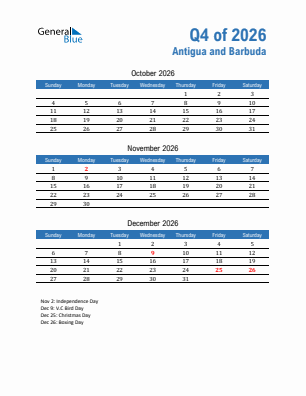Antigua and Barbuda Quarter 4  2026 calendar template