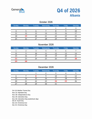 Albania Quarter 4  2026 calendar template