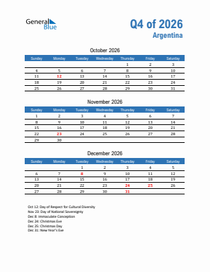 Argentina Quarter 4  2026 calendar template