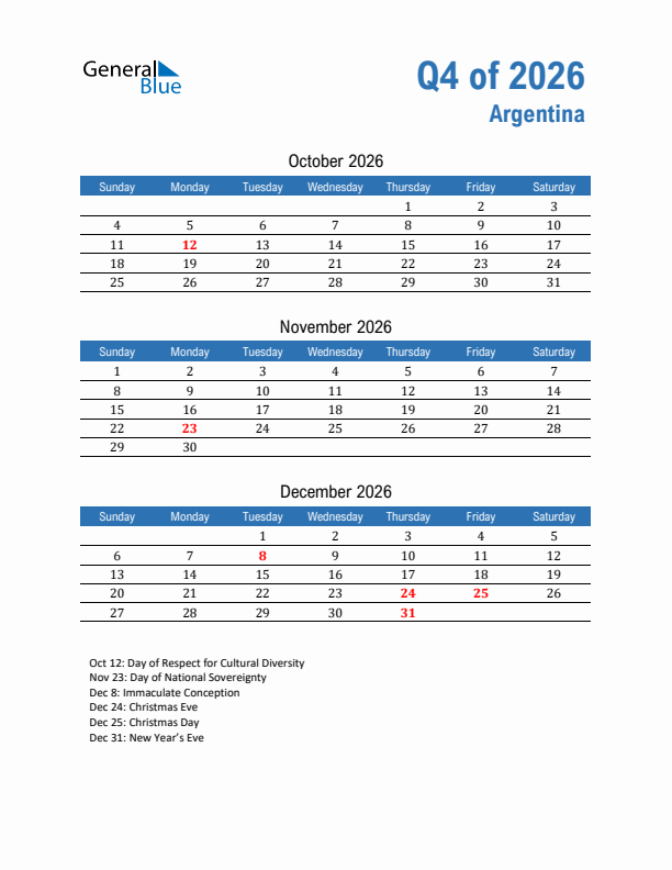 Argentina Q4 2026 Quarterly Calendar with Sunday Start
