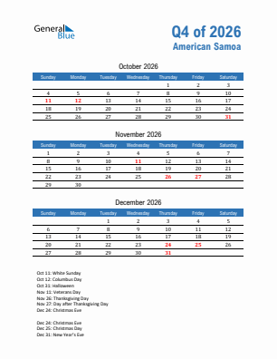 American Samoa Quarter 4  2026 calendar template
