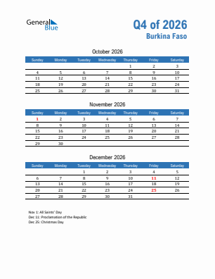Burkina Faso Quarter 4  2026 calendar template