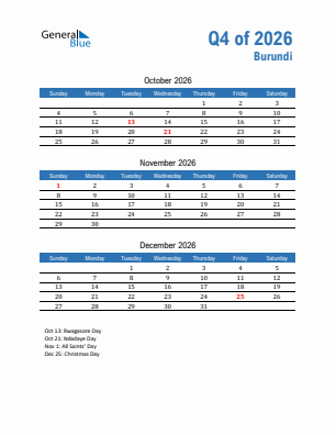 Burundi Quarter 4  2026 calendar template