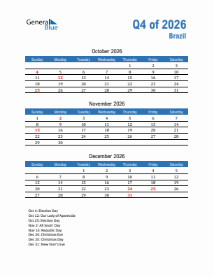 Brazil Quarter 4  2026 calendar template