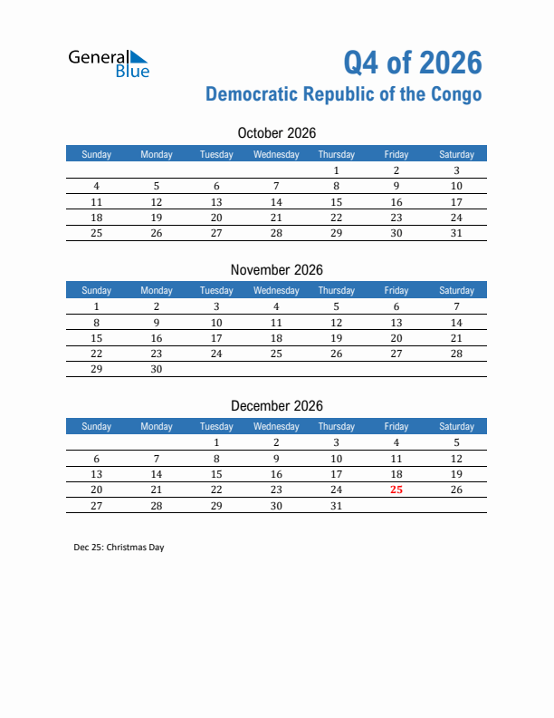 Democratic Republic of the Congo Q4 2026 Quarterly Calendar with Sunday Start