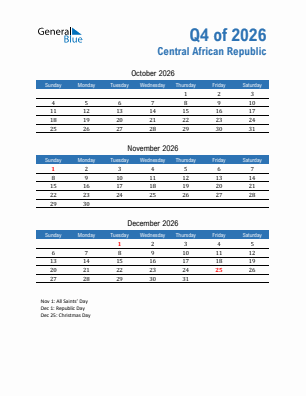 Central African Republic Quarter 4  2026 calendar template