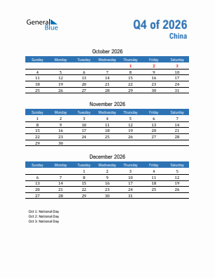 China Quarter 4  2026 calendar template