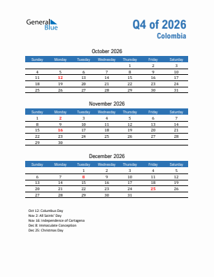 Colombia Quarter 4  2026 calendar template