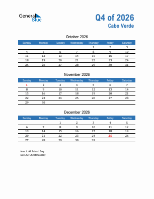 Cabo Verde Quarter 4  2026 calendar template