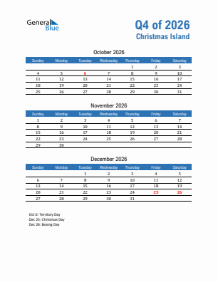 Christmas Island Quarter 4  2026 calendar template