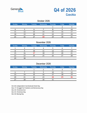 Czechia Quarter 4  2026 calendar template
