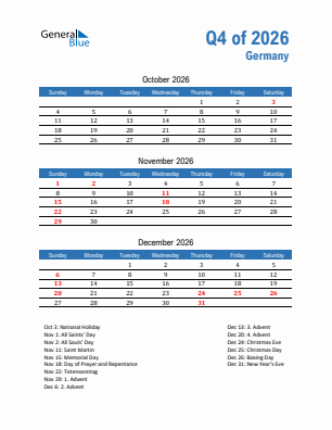 Germany Quarter 4  2026 calendar template
