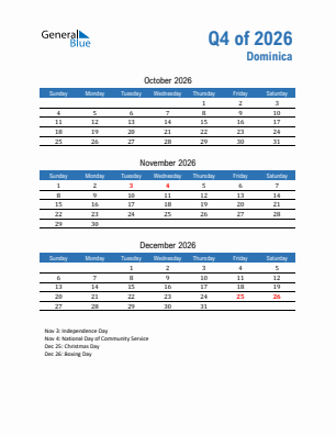 Dominica Quarter 4  2026 calendar template