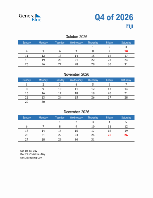 Fiji Q4 2026 Quarterly Calendar with Sunday Start