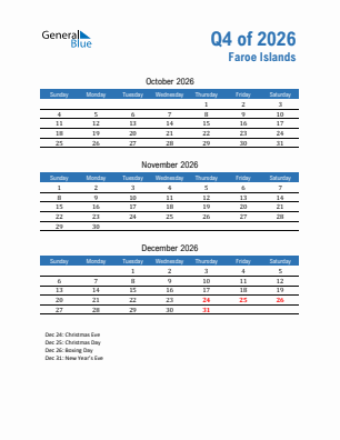 Faroe Islands Quarter 4  2026 calendar template