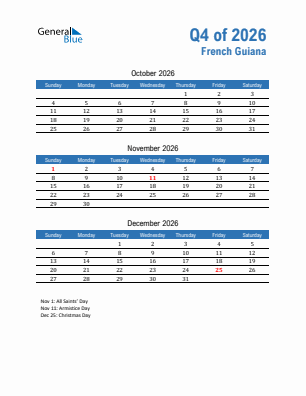 French Guiana Quarter 4  2026 calendar template