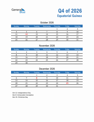 Equatorial Guinea Quarter 4  2026 calendar template