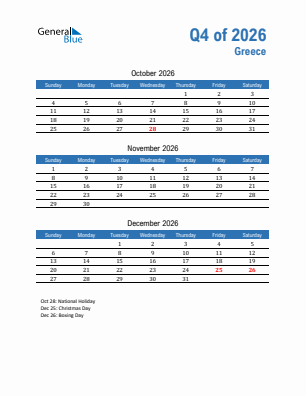 Greece Quarter 4  2026 calendar template