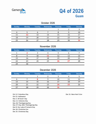Guam Quarter 4  2026 calendar template