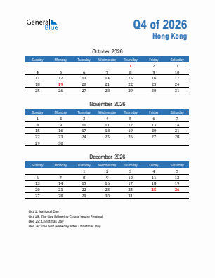 Hong Kong Quarter 4  2026 calendar template