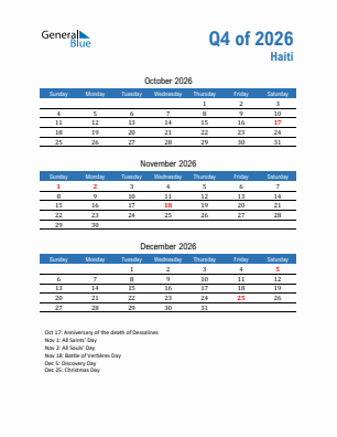 Haiti Quarter 4  2026 calendar template