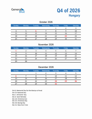 Hungary Quarter 4  2026 calendar template