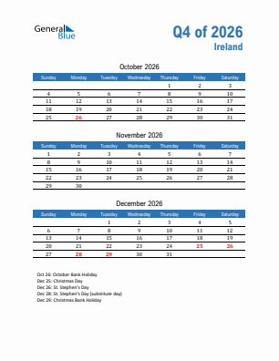 Ireland Quarter 4  2026 calendar template