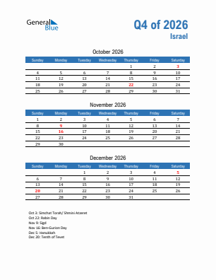 Israel Quarter 4  2026 calendar template