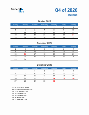 Iceland Quarter 4  2026 calendar template