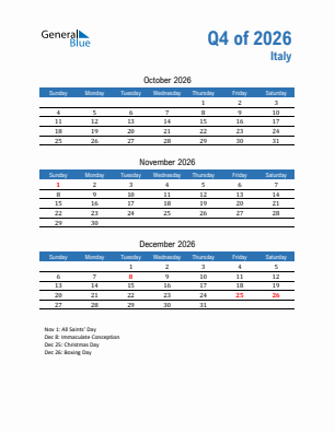 Italy Quarter 4  2026 calendar template