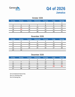 Jamaica Quarter 4  2026 calendar template