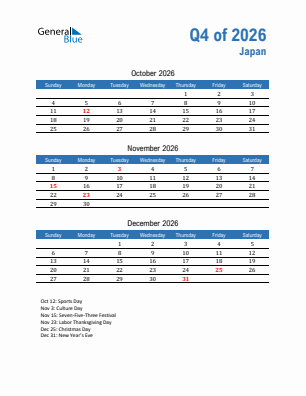 Japan Quarter 4  2026 calendar template