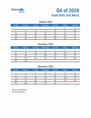 Saint Kitts and Nevis Quarter 4  2026 calendar template