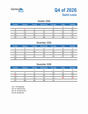 Saint Lucia Quarter 4  2026 calendar template