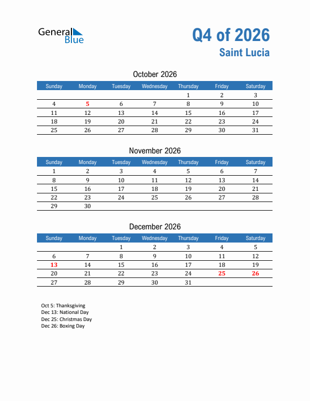 Saint Lucia Q4 2026 Quarterly Calendar with Sunday Start