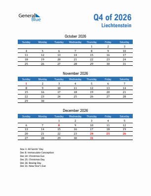 Liechtenstein Quarter 4  2026 calendar template