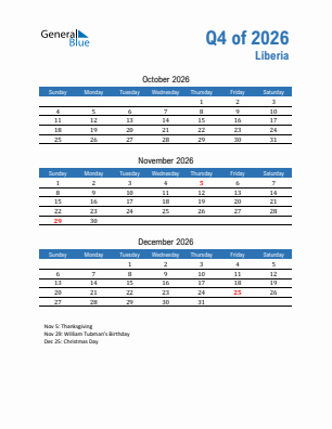 Liberia Quarter 4  2026 calendar template