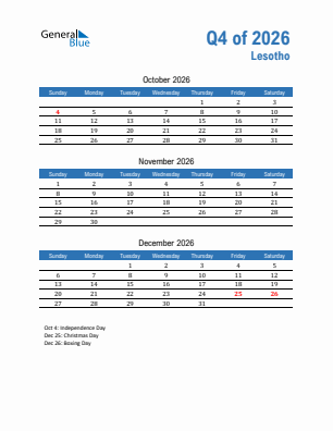 Lesotho Quarter 4  2026 calendar template