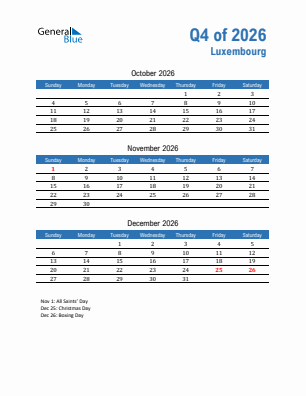 Luxembourg Quarter 4  2026 calendar template
